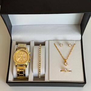Gold Tone Crystal Watch and Jewelry Set with Bracelet, Necklace, Earrings, Ring image 20
