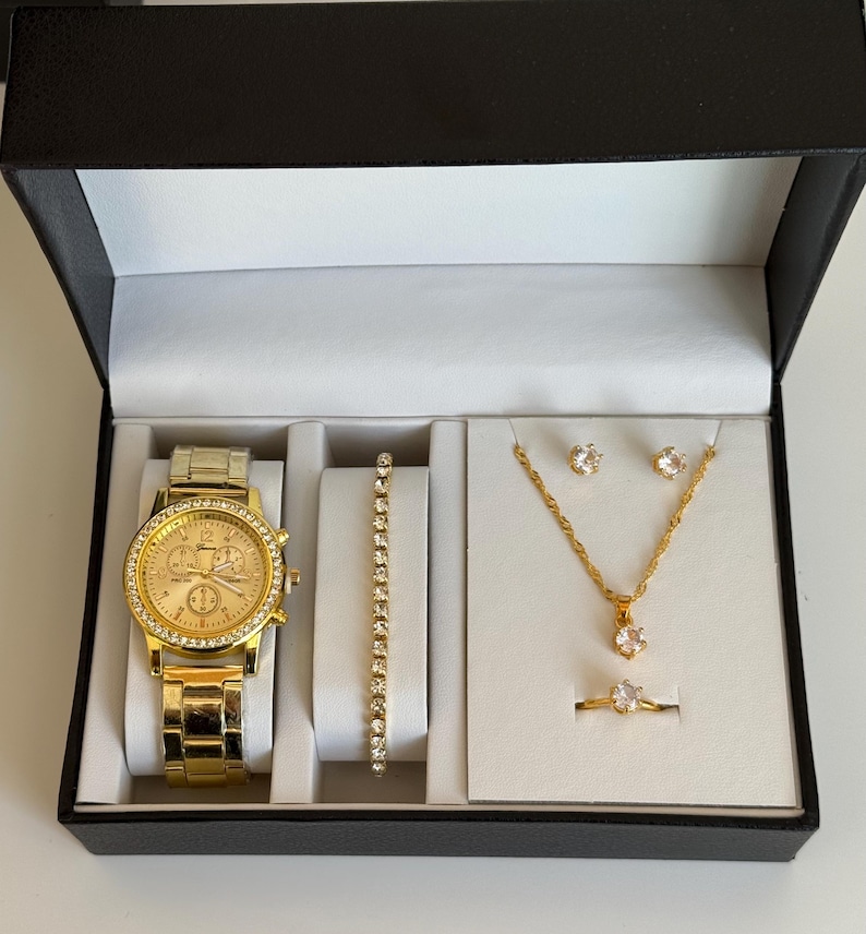Gold Tone Crystal Watch and Jewelry Set with Bracelet, Necklace, Earrings, Ring image 20