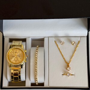 Gold Tone Crystal Watch and Jewelry Set with Bracelet, Necklace, Earrings, Ring image 5