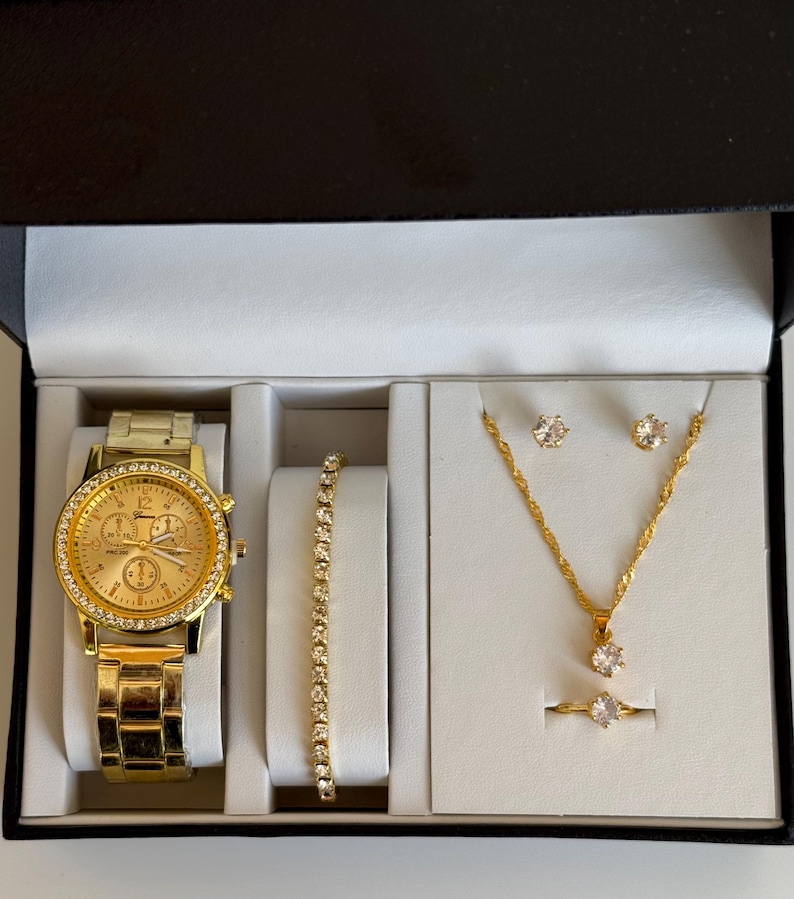 Gold Tone Crystal Watch and Jewelry Set with Bracelet, Necklace, Earrings, Ring image 5