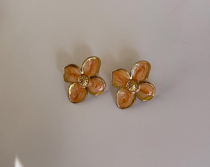 Featured listing image: Orange Floral Stud Earrings- Stainless Steel- Spring Womens Jewellery