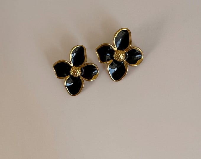 Featured listing image: Black Flower Stud Earrings- Stainless Steel - Spring Womens Jewellery
