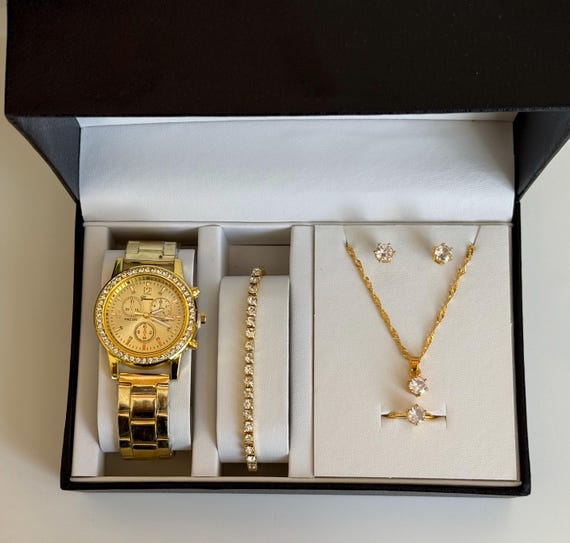 Gold Tone Crystal Watch and Jewelry Set with Bracelet, Necklace, Earrings, Ring