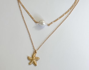 Collana a strati dorati - Gioielli da spiaggia con perle - Ispirata all'oceano