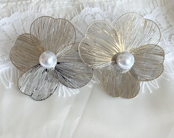 Oversized  Floral Stud Earrings with Pearl Centre – Lightweight Petal Design