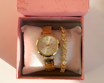 Gold Tone Watch and Crystal Heart Bracelet Set (Gift Box)