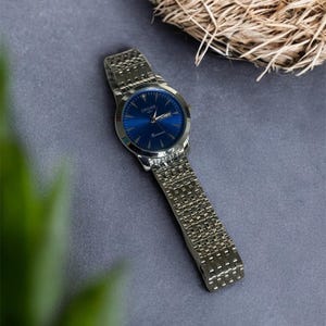 Men’s Silver Wristband Watch With Blue Dial Stainless Steel | Classic Day - Date Design