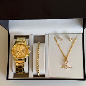 Gold Tone Crystal Watch and Jewelry Set with Bracelet, Necklace, Earrings, Ring image 2