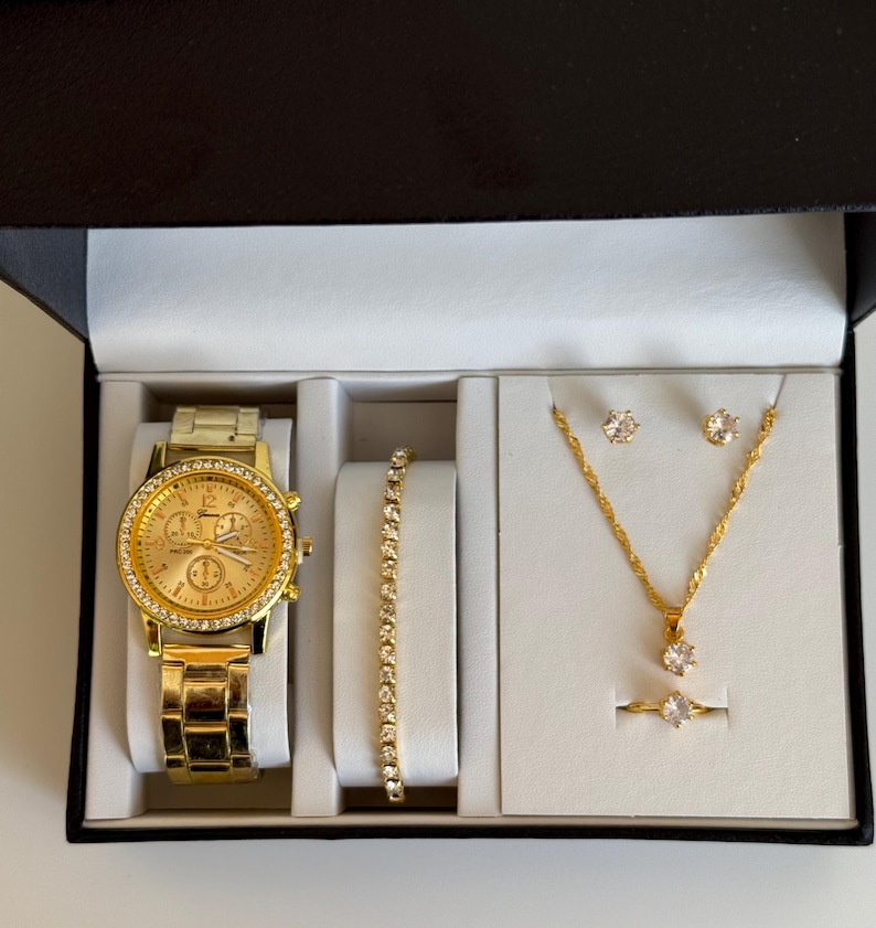 Gold Tone Crystal Watch and Jewelry Set with Bracelet, Necklace, Earrings, Ring image 2
