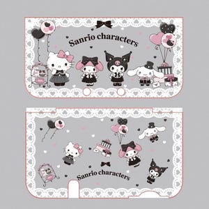 Può includere: Una pellicola protettiva grigia per console portatile con il testo Sanrio characters e illustrazioni di Hello Kitty, My Melody, Kuromi e Cinnamoroll. Il design include palloncini rosa e neri, regali e un bordo in pizzo.