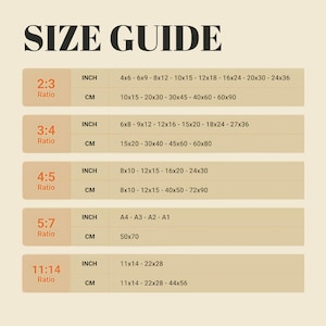 May include: A beige size guide chart with the text "SIZE GUIDE" at the top. The chart lists inch and centimeter measurements for 2:3, 3:4, 4:5, 5:7, and 11:14 ratios, including sizes like 4x6 inches and 10x15 cm.