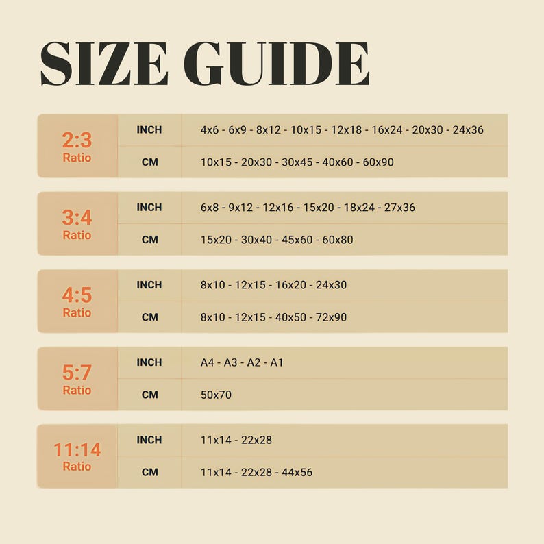 May include: A beige size guide chart with the text "SIZE GUIDE" at the top. The chart lists inch and centimeter measurements for 2:3, 3:4, 4:5, 5:7, and 11:14 ratios, including sizes like 4x6 inches and 10x15 cm.