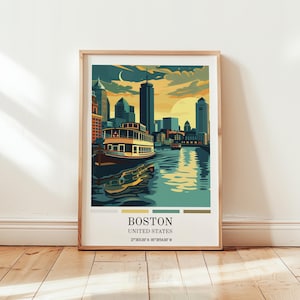Boston Skyline Poster, USA City Wall Art, Boston Harbor Print, Urban Landscape Digital Download, Retro Travel Poster, Any Travel Print