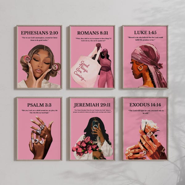 Pink Bible Verse Prints, Christian Black Girl Wall Art (Digital Download-Set 6)