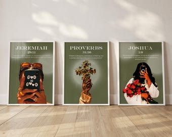Set-3 Black Woman Art, Christian Girl Room Decor, Sage Green Bible Verse Prints (Digital)