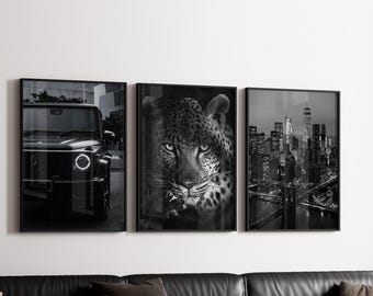 Set of 3 Black Luxury Print; Office Wall Art, Stylish Leopard Poster (Digital Download)