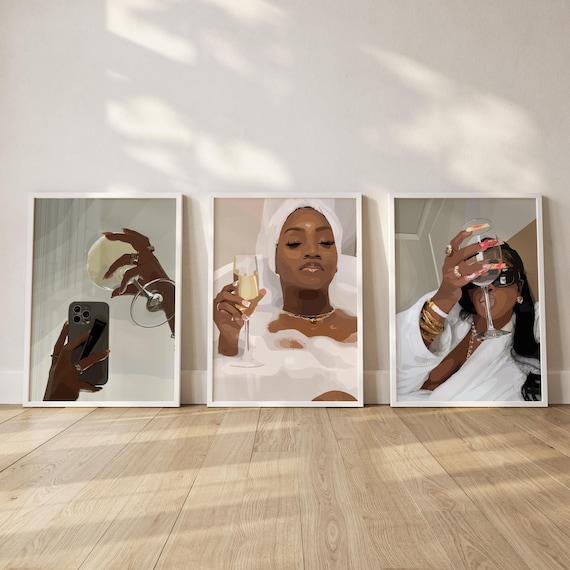 Set-3 Black Woman Self Care Wall Art, Luxury Soft Life Prints, Bathroom Decor (Digital)