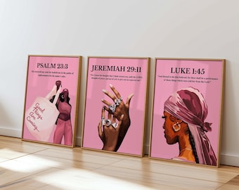 Pink Faith Wall Art; Christian Black Girl Art, Modern Bible Verse Print (Digital Set-3)