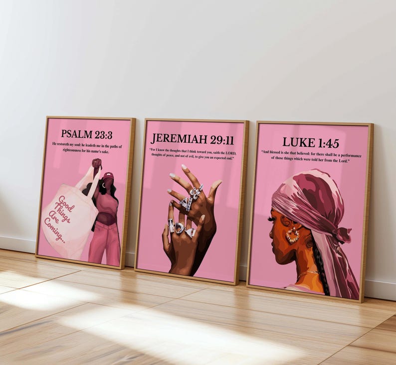 Pink Faith Wall Art; Christian Black Girl Art, Modern Bible Verse Print (Digital Set-3) image 1
