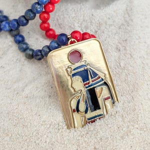 Lapis Lazuli Pharaoh Necklace: Enamel Egyptian Pendant, Coral & Brass