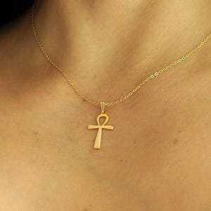 Gold Ankh Charm Necklace: 14k Gold Plated Egyptian Cross Pendant, Dainty Jewelry