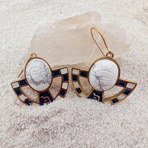 Egyptian Scarab Dangle Earrings: Enamel Cartouche, 14k Gold Filled