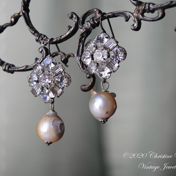 Tahitian Deco Drops--Natural Tahitian Saltwater Pearl Art Deco Rhinestone EARRINGS