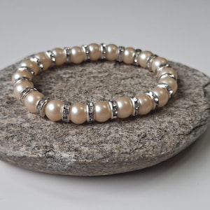 Elastic Bracelet Champagne Pearls and Rhinestone Rondelles, Elegant Handmade Bracelet, Bride Bridesmaid Ceremony Jewel