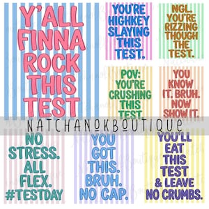 a collage of colorful text and phrases, including a quote about a test, a humorous message about a test, and a list of phrases related to tests and exams. The phrases are written in various colors and styles, creating a visually engaging and playful composition.