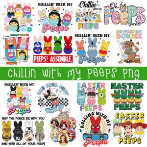 Puede incluir: Una colección de diseños digitales coloridos con personajes de dibujos animados y los textos "Peeps" y "Chillin' with my peeps". Los diseños incluyen princesas de Disney, superhéroes y otras referencias de la cultura pop, ideales para Pascua.