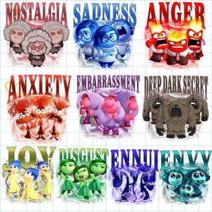 May include: A graphic featuring characters representing emotions from the movie Inside Out. The image is divided into nine sections, each with a different emotion: Nostalgia, Sadness, Anger, Anxiety, Embarrassment, Deep Dark Secret, Joy, Disgust, Ennui, and Envy.