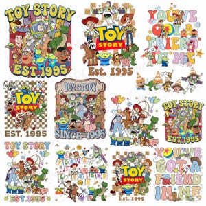 a collage of various Toy Story-themed illustrations and text, including characters, logos, and phrases related to the Toy Story franchise.