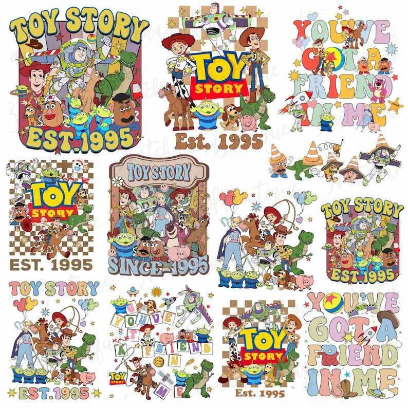 a collage of various Toy Story-themed illustrations and text, including characters, logos, and phrases related to the Toy Story franchise.