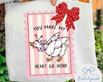 Funny Valentine Goose Png, Pink Coquette Valentine Shirt Design, You Make My Heart Go Honk Sublimation, XoXo Be Mine Png