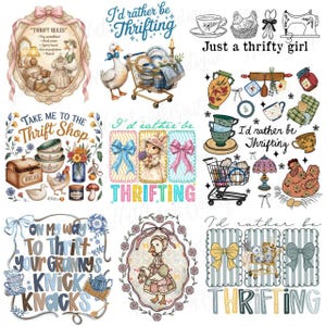 Puede incluir: Una colección de ilustraciones caprichosas con temática de compras de segunda mano. Las imágenes incluyen un pato con un carrito de compras, tazas de té, una panera y texto que dice "I'd rather be thrifting" y "Take me to the thrift shop".