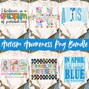 Puede incluir: Una colección de camisetas blancas con varios diseños coloridos relacionados con la concienciación sobre el autismo. Las camisetas presentan frases como "Creo en un espectro de posibilidades" y "Está bien ser diferente."