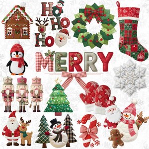 May include: A collection of Christmas-themed decorations and ornaments. Includes a gingerbread house, a penguin, nutcrackers, a Christmas tree, a wreath, a stocking, mittens, Santa Claus, a snowman, and the word "MERRY".