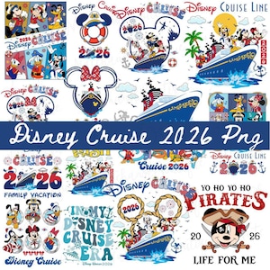 May include: A collection of Disney Cruise Line graphics featuring Mickey Mouse, Minnie Mouse, Donald Duck, and Goofy. Designs include cruise ships, the year 2026, and the text "Disney Cruise". Various styles and layouts are shown.