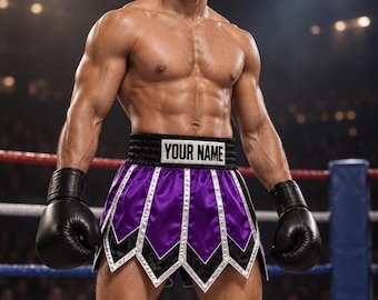 May include: Purple boxing shorts with a black waistband featuring the text YOUR NAME in white letters. The shorts have a pointed hem design with silver trim and black accents. The garment is paired with solid black boxing gloves.