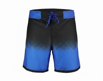 May include: Blue and black board shorts with a gradient design. The shorts have a drawstring closure and a black waistband. The lower portion of the shorts is bright blue, while the upper portion is black with a speckled pattern.