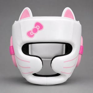 May include: A white protective headgear featuring pink cat ears on top, a pink bow graphic on the forehead, and pink whisker details on the cheek guards. The headgear has a central opening for the face and padded side panels for ear protection.
