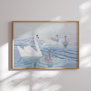 Quadro da parete raffigurante una famiglia di cigni, stampa di uccelli acquatici vintage, scena di lago sereno, decorazione con animali della natura, opera d'arte raffigurante uccelli acquatici pacifici