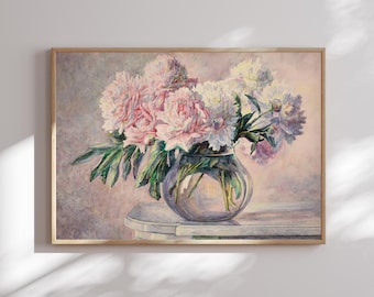 Pink Peonies Canvas Print: Vintage Floral Wall Art, Cottagecore French Country Decor