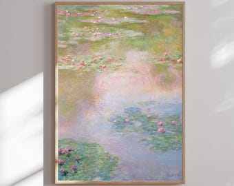 Monet Water Lily Canvas Print: Pastel Impressionist Wall Art, Pink and Green Nature Painting