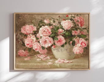 Vintage Pink Roses Canvas Print: Edith White Floral Painting, Romantic Wall Art