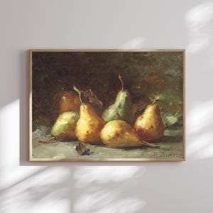 Stampa su tela con natura morta di pere rustiche: decorazione murale per cucina in stile fattoria