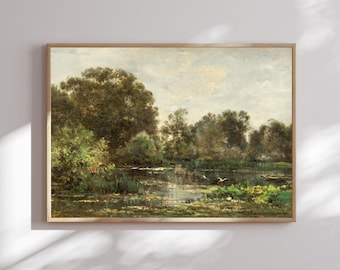 River Landscape with Storks Canvas Print: Vintage Nature Wall Art, Rustic Pastoral Decor