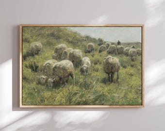 Sheep Landscape Canvas Print: Vintage Pastoral Wall Art, Rustic Countryside Farmhouse Decor