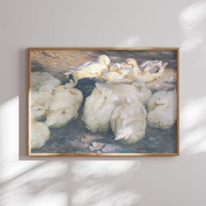 Stampa murale con anatre bianche che riposano, stampa di animali vintage, opera d'arte con scena di fattoria tranquilla, decorazione da cottage di campagna, stampa murale con natura rustica