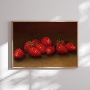 Farmhouse Fruit Canvas Art, Strawberry Still Life Painting Print, Rustic Red Kitchen Wall Decor, Botanical Food Artwork on Canvas